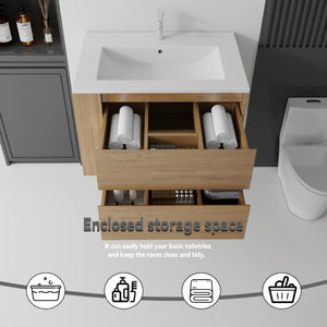 English Elm 30 Inch Wall Mounted Bathroom Vanity with Ceramic Sink Plywood Cabinet Soft Close Drawer Oak B2775S00029