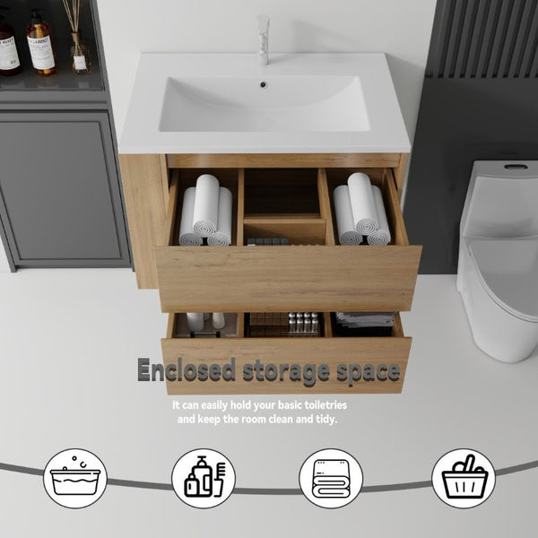 English Elm 30 Inch Wall Mounted Bathroom Vanity with Ceramic Sink Plywood Cabinet Soft Close Drawer Oak B2775S00029