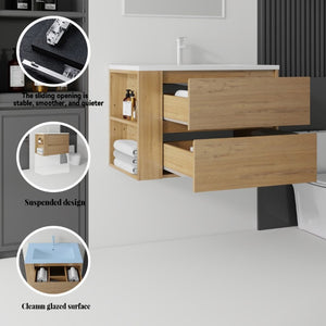 English Elm 30 Inch Wall Mounted Bathroom Vanity with Ceramic Sink Plywood Cabinet Soft Close Drawer Oak B2775S00029