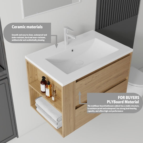 English Elm 30 Inch Wall Mounted Bathroom Vanity with Ceramic Sink Plywood Cabinet Soft Close Drawer Oak B2775S00029
