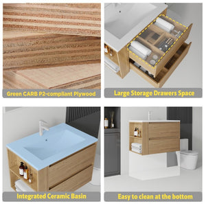English Elm 30 Inch Wall Mounted Bathroom Vanity with Ceramic Sink Plywood Cabinet Soft Close Drawer Oak B2775S00029