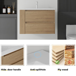 English Elm 30 Inch Wall Mounted Bathroom Vanity with Ceramic Sink Plywood Cabinet Soft Close Drawer Oak B2775S00029