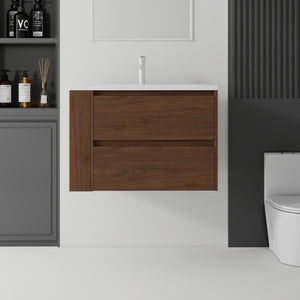 English Elm 30 Inch Wall Mounted Bathroom Vanity with Ceramic Sink Plywood Cabinet Soft Close Drawer Brown B2775S00030
