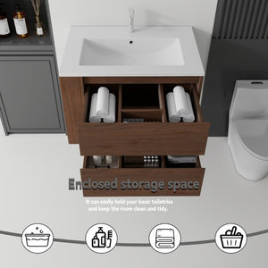English Elm 30 Inch Wall Mounted Bathroom Vanity with Ceramic Sink Plywood Cabinet Soft Close Drawer Brown B2775S00030