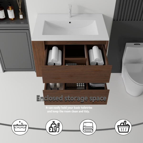 English Elm 30 Inch Wall Mounted Bathroom Vanity with Ceramic Sink Plywood Cabinet Soft Close Drawer Brown B2775S00030