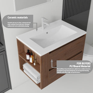 English Elm 30 Inch Wall Mounted Bathroom Vanity with Ceramic Sink Plywood Cabinet Soft Close Drawer Brown B2775S00030