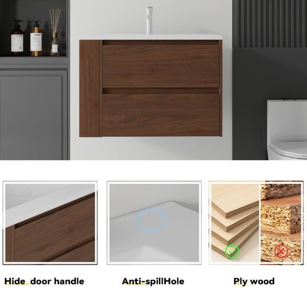 English Elm 30 Inch Wall Mounted Bathroom Vanity with Ceramic Sink Plywood Cabinet Soft Close Drawer Brown B2775S00030