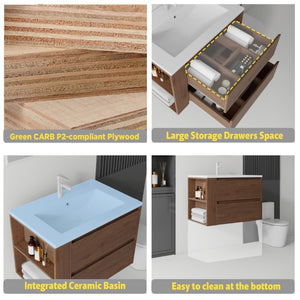 English Elm 30 Inch Wall Mounted Bathroom Vanity with Ceramic Sink Plywood Cabinet Soft Close Drawer Brown B2775S00030