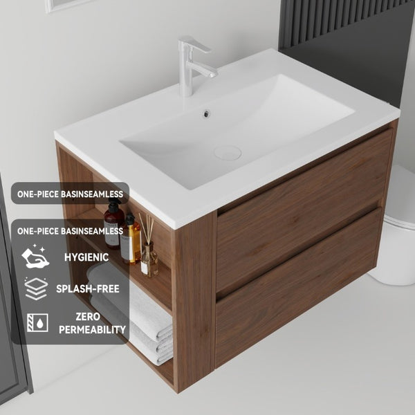 English Elm 30 Inch Wall Mounted Bathroom Vanity with Ceramic Sink Plywood Cabinet Soft Close Drawer Brown B2775S00030