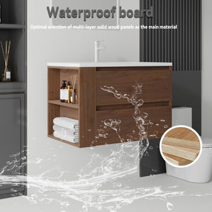 English Elm 30 Inch Wall Mounted Bathroom Vanity with Ceramic Sink Plywood Cabinet Soft Close Drawer Brown B2775S00030