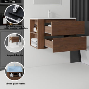 English Elm 30 Inch Wall Mounted Bathroom Vanity with Ceramic Sink Plywood Cabinet Soft Close Drawer Brown B2775S00030