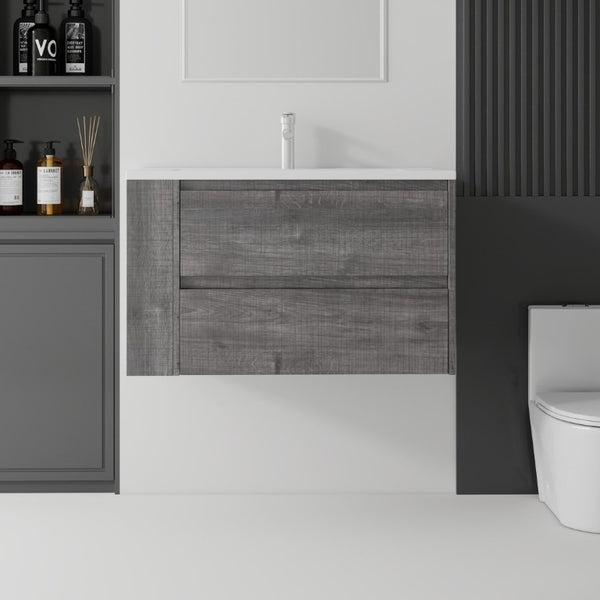 English Elm 36 Inch Floating Bathroom Vanity with Ceramic Sink Plywood Cabinet Soft Close Drawer Grey B2775S00033