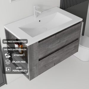 English Elm 36 Inch Floating Bathroom Vanity with Ceramic Sink Plywood Cabinet Soft Close Drawer Grey B2775S00033