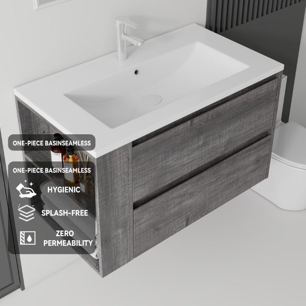 English Elm 36 Inch Floating Bathroom Vanity with Ceramic Sink Plywood Cabinet Soft Close Drawer Grey B2775S00033