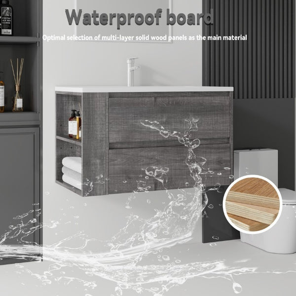 English Elm 36 Inch Floating Bathroom Vanity with Ceramic Sink Plywood Cabinet Soft Close Drawer Grey B2775S00033
