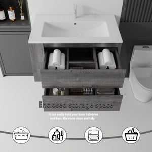 English Elm 36 Inch Floating Bathroom Vanity with Ceramic Sink Plywood Cabinet Soft Close Drawer Grey B2775S00033