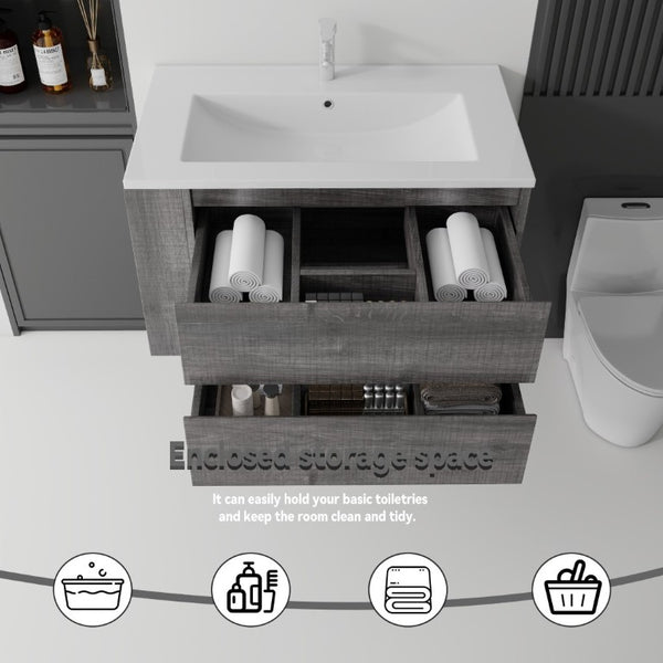 English Elm 36 Inch Floating Bathroom Vanity with Ceramic Sink Plywood Cabinet Soft Close Drawer Grey B2775S00033