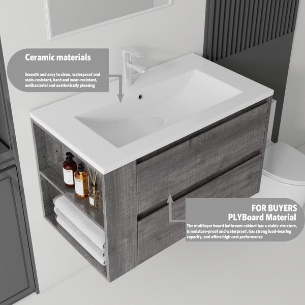 English Elm 36 Inch Floating Bathroom Vanity with Ceramic Sink Plywood Cabinet Soft Close Drawer Grey B2775S00033