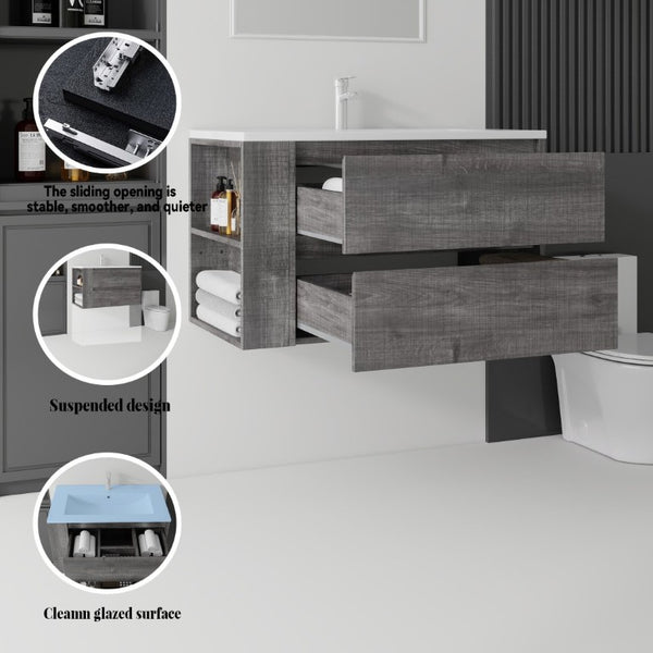 English Elm 36 Inch Floating Bathroom Vanity with Ceramic Sink Plywood Cabinet Soft Close Drawer Grey B2775S00033