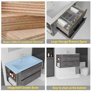 English Elm 36 Inch Floating Bathroom Vanity with Ceramic Sink Plywood Cabinet Soft Close Drawer Grey B2775S00033