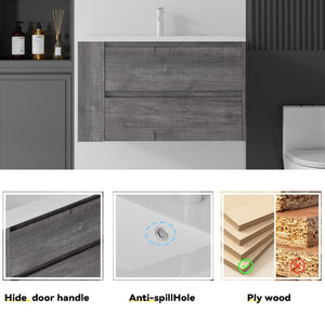 English Elm 36 Inch Floating Bathroom Vanity with Ceramic Sink Plywood Cabinet Soft Close Drawer Grey B2775S00033