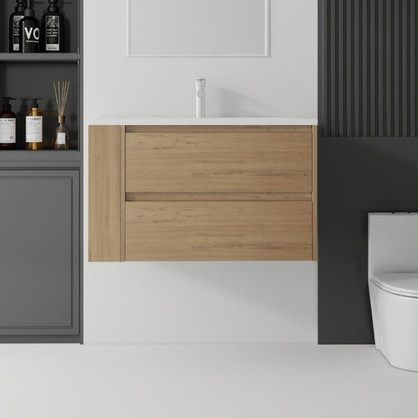 English Elm 36 Inch Floating Bathroom Vanity with Ceramic Sink Plywood Cabinet Soft Close Drawer Oak B2775S00034