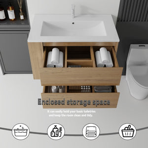 English Elm 36 Inch Floating Bathroom Vanity with Ceramic Sink Plywood Cabinet Soft Close Drawer Oak B2775S00034