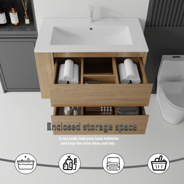 English Elm 36 Inch Floating Bathroom Vanity with Ceramic Sink Plywood Cabinet Soft Close Drawer Oak B2775S00034