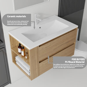 English Elm 36 Inch Floating Bathroom Vanity with Ceramic Sink Plywood Cabinet Soft Close Drawer Oak B2775S00034