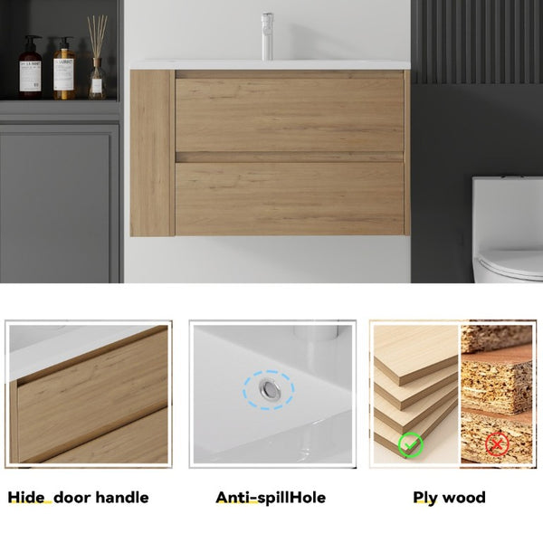 English Elm 36 Inch Floating Bathroom Vanity with Ceramic Sink Plywood Cabinet Soft Close Drawer Oak B2775S00034