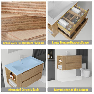 English Elm 36 Inch Floating Bathroom Vanity with Ceramic Sink Plywood Cabinet Soft Close Drawer Oak B2775S00034