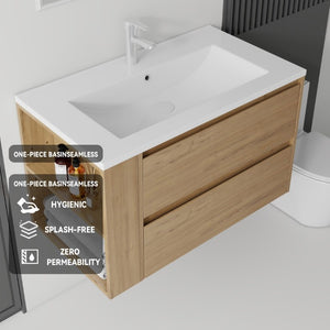 English Elm 36 Inch Floating Bathroom Vanity with Ceramic Sink Plywood Cabinet Soft Close Drawer Oak B2775S00034