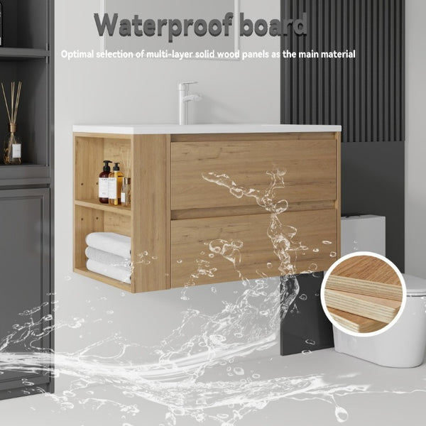English Elm 36 Inch Floating Bathroom Vanity with Ceramic Sink Plywood Cabinet Soft Close Drawer Oak B2775S00034