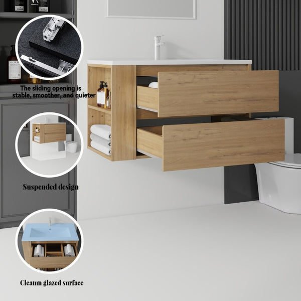 English Elm 36 Inch Floating Bathroom Vanity with Ceramic Sink Plywood Cabinet Soft Close Drawer Oak B2775S00034