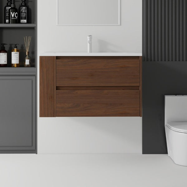 English Elm 36 Inch Floating Bathroom Vanity with Ceramic Sink Plywood Cabinet Soft Close Drawer Brown B2775S00035