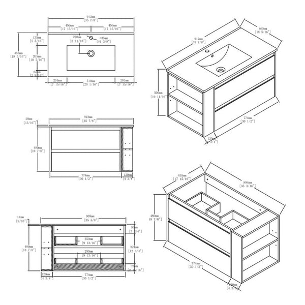 English Elm 36 Inch Floating Bathroom Vanity with Ceramic Sink Plywood Cabinet Soft Close Drawer Brown B2775S00035