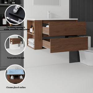 English Elm 36 Inch Floating Bathroom Vanity with Ceramic Sink Plywood Cabinet Soft Close Drawer Brown B2775S00035