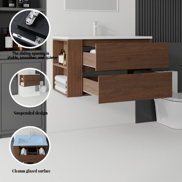 English Elm 36 Inch Floating Bathroom Vanity with Ceramic Sink Plywood Cabinet Soft Close Drawer Brown B2775S00035