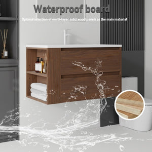 English Elm 36 Inch Floating Bathroom Vanity with Ceramic Sink Plywood Cabinet Soft Close Drawer Brown B2775S00035