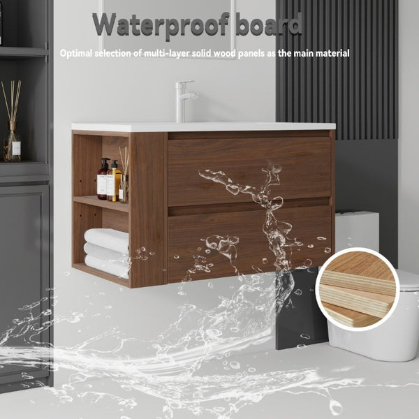 English Elm 36 Inch Floating Bathroom Vanity with Ceramic Sink Plywood Cabinet Soft Close Drawer Brown B2775S00035