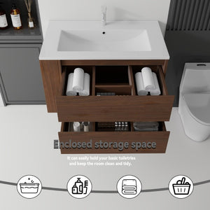 English Elm 36 Inch Floating Bathroom Vanity with Ceramic Sink Plywood Cabinet Soft Close Drawer Brown B2775S00035