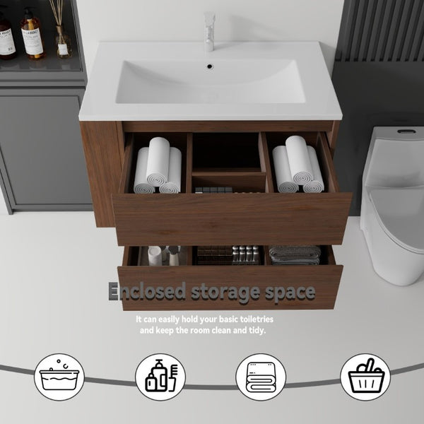 English Elm 36 Inch Floating Bathroom Vanity with Ceramic Sink Plywood Cabinet Soft Close Drawer Brown B2775S00035