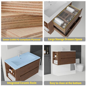 English Elm 36 Inch Floating Bathroom Vanity with Ceramic Sink Plywood Cabinet Soft Close Drawer Brown B2775S00035