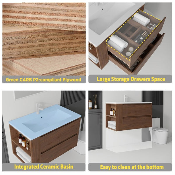 English Elm 36 Inch Floating Bathroom Vanity with Ceramic Sink Plywood Cabinet Soft Close Drawer Brown B2775S00035