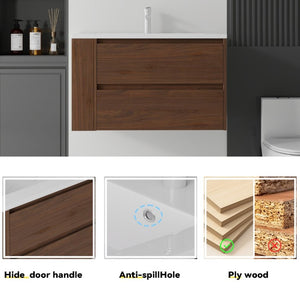 English Elm 36 Inch Floating Bathroom Vanity with Ceramic Sink Plywood Cabinet Soft Close Drawer Brown B2775S00035