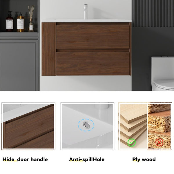 English Elm 36 Inch Floating Bathroom Vanity with Ceramic Sink Plywood Cabinet Soft Close Drawer Brown B2775S00035
