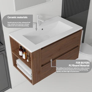 English Elm 36 Inch Floating Bathroom Vanity with Ceramic Sink Plywood Cabinet Soft Close Drawer Brown B2775S00035