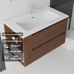 English Elm 36 Inch Floating Bathroom Vanity with Ceramic Sink Plywood Cabinet Soft Close Drawer Brown B2775S00035