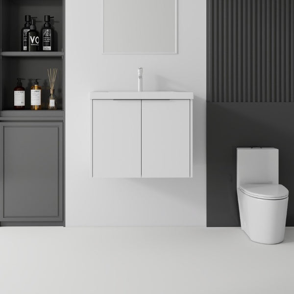 English Elm 24 Inch Floating Bathroom Vanity Glossy Ceramic Sink Plywood Soft Close Cabinet White B2775S00036