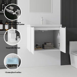 English Elm 24 Inch Floating Bathroom Vanity Glossy Ceramic Sink Plywood Soft Close Cabinet White B2775S00036